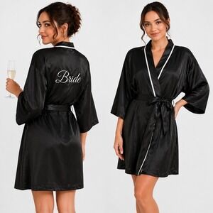Linea Donatella Black Satin Bride Robe Womens S Short Kimono Bridal Bling NWT